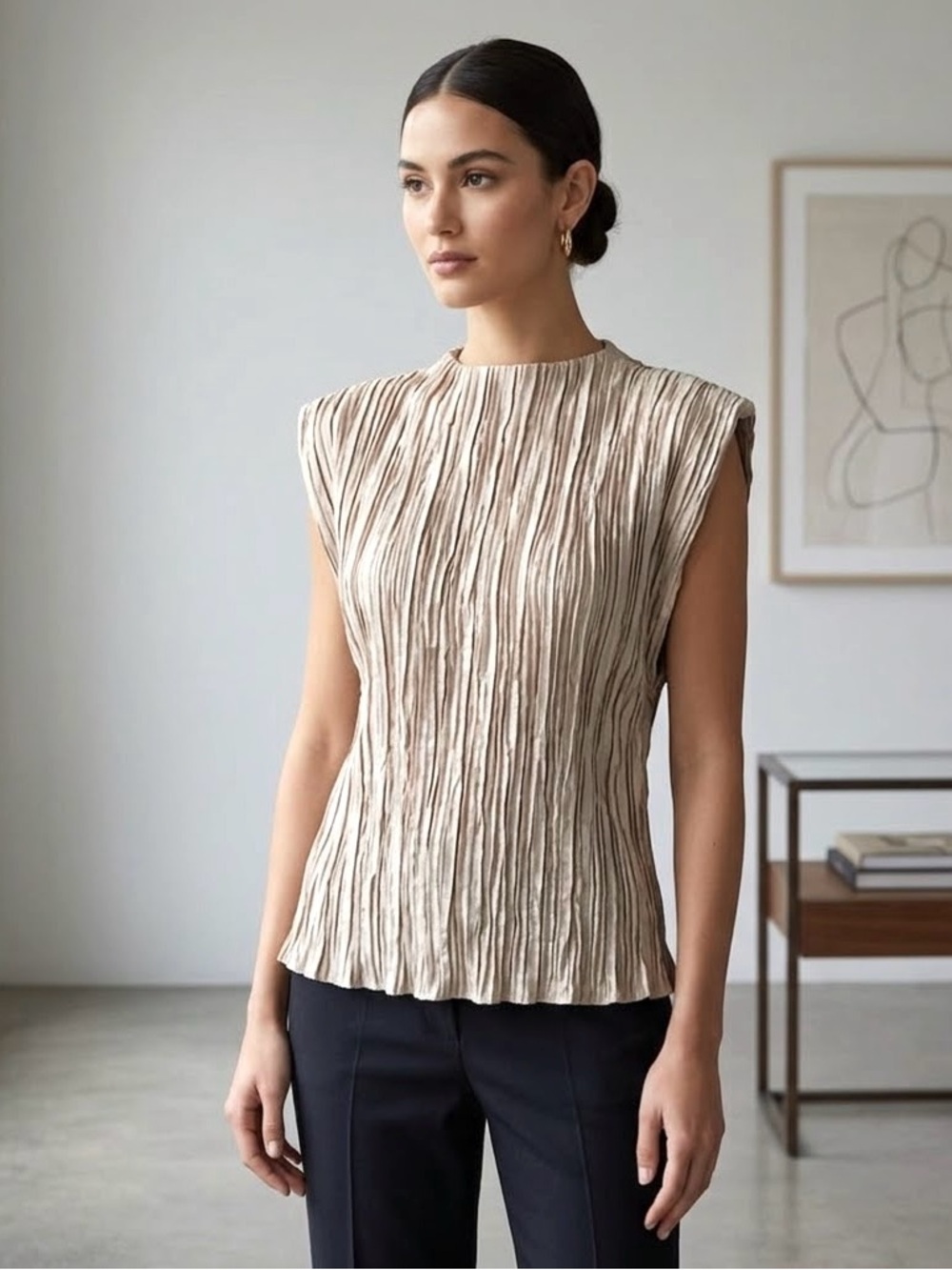 MANGO Pleated Satin Blouse with Extended Sleeve - Size M